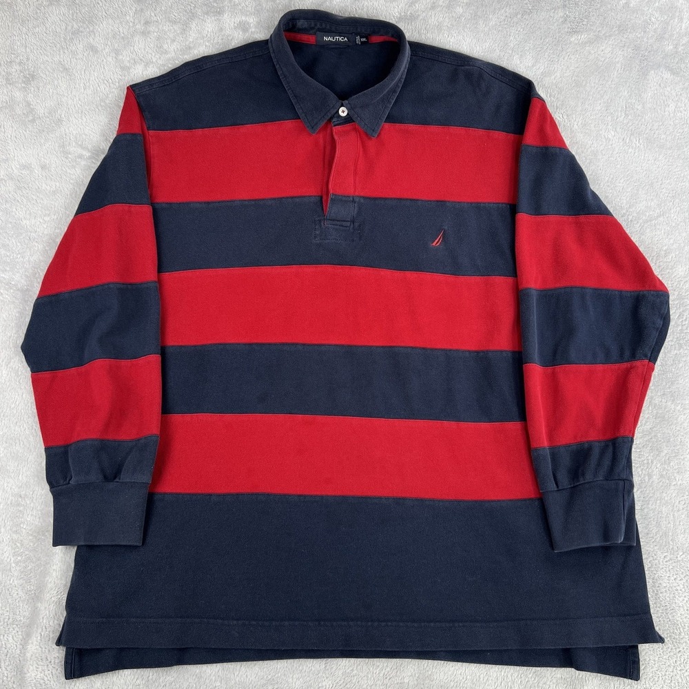 Nautica Striped Long Sleeve Rugby Polo Shirt 2XL Navy Red Mens Cotton Preppy